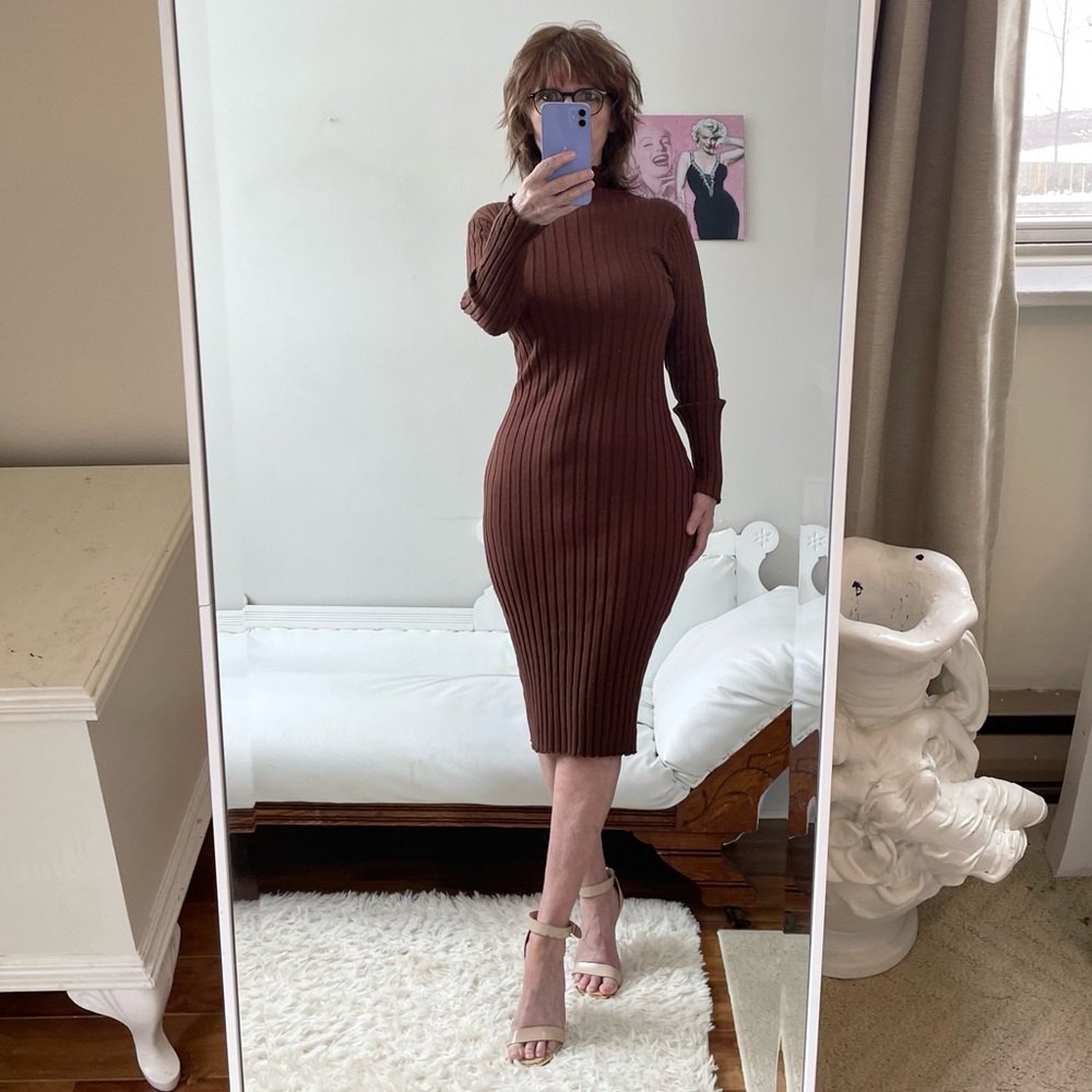BROWN RIBBED KNIT LONG SLEEVE DRESS MOCK TURTLENECK STRETCH FORM FIT MEROKEETY